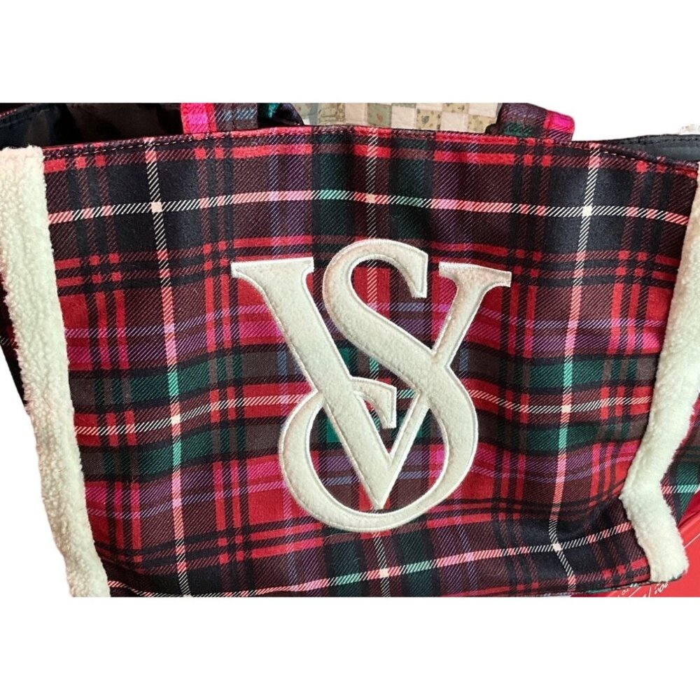 Victorias Secret Tartan Plaid‎ Tote Bag With Sherpa Trim